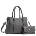 Dark grey litchi grain tote bag with matching flap wallet and detachable shoulder strap - Gray