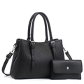Black textured leather tote bag set with matching envelope wallet and silver hardware - Handbag And Wallet Set / Black