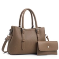 Detail of dark camel tote set featuring textured leather and a matching envelope wallet - Handbag And Wallet Set / Khaki