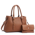 Ensemble sac à main en cuir marron à rayures avec bandoulière et détails en métal argenté - Ensemble Sac à Main Et Portefeuille / Jaune Terre
