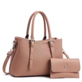 Pink faux leather tote bag and wallet set with litchi texture and silver hardware - Handbag And Wallet Set / Pink