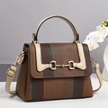 Retro canvas tote bag with brown weave, green stripes, and gold horsebit buckle - Khaki