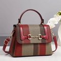 Vintage style large canvas tote bag with red stripes and gold metal hardware - Red