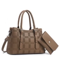 Detail view of brown checkerboard embossed tote bag and matching flap wallet set - Khaki