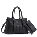 Black checkered tote and pouch set in lychee texture faux leather with shoulder strap - Black
