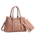 Fashion checkered tote bag set with embossed texture and crossbody strap in mauve pink - Pink