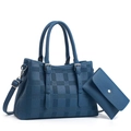 Dark blue checkered embossed leather tote bag set with adjustable strap and small pouch - Blue