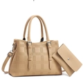 Elegant plaid embossed tote bag set with matching wallet in apricot textured faux leather - Apricot