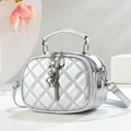 Silver quilted mini crossbody bag with metal bear pendant and double zipper compartments - Silver