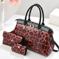 Three-piece red leopard print patent leather tote bag set with matching wallets and gold hardware - Wine Red Leopard