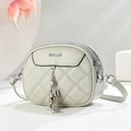 Quilted crossbody bag with three zippers, fashion metal logo, and bear pendant charm - Gray