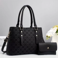 Classic black checkerboard tote bag and flap pouch set with gold hardware and shoulder strap - Black