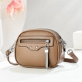 Elegant khaki litchi grain crossbody bag with double zippers and silver rivets - Khaki