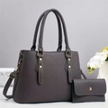 Dark grey leather handbag set with litchi texture and matching envelope wallet - Tote Bag And Wallet Set / Gray