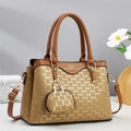 Brown jacquard tote bag with letter patterns and detachable shoulder strap for women - Earthy Yellow