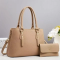 Chic beige lychee grain faux leather tote bag and wallet set with gold stud accents - Tote Bag And Wallet Set / Apricot