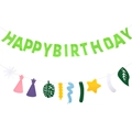 Green Happy Birthday felt banner set with colorful daisy and party hat pendants - Forest Green Combination Style (D款)