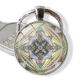 Vue macro du porte-clés mandala en verre avec motif géométrique coloré et cadre argenté - Motif Floral Coloré Symétrique (JY003983-2)