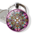Detail of round mandala butterfly pendant keychain with silver metal frame and glass dome - Butterfly Mandala Painted Style (JY003983-6)