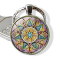 Detailed close-up of a colorful mandala glass pendant with a silver alloy keychain base - Colorful Geometric Art Print Style (JY003983-7)