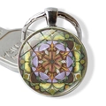 Round mandala pendant keychain with purple and yellow glass cabochon in silver metal frame - Purple Artistic Mandala Style (JY003983-9)