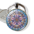 Mandala flower glass gemstone keychain with purple and blue geometric patterns - Blue and Purple Geometric Floral Mandala (JY003983-11)