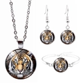 Détail d'une parure de bijoux tigre quatre pièces argentée avec collier et bracelet - Parure Tête de Tigre Fond Vintage (JY003872-7)