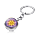 Close-up of mandala glass ball pendant with polished silver metal keychain ring - Red Blue Purple Pink Mandala (JY004123-4)