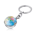 Detailed macro view of world globe keychain featuring colorful map and silver metal finish - Deep Blue Classic Map Style (JY004125-1)