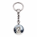 Husky dog glass cabochon pendant keychain with silver metal ring and forest design - Husky Time Gem Style (JY004108-1)