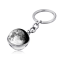 Close-up of double-sided glass moon ball pendant on silver metal keychain ring - Realistic Black and White Moon (JY004111-3)