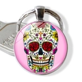 Bunter mexikanischer Totenkopf Schlüsselanhänger mit Blumenmustern und Glas-Cabochon - Rosa Herz-Schädel-Design (JY004107-11)
