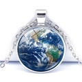 Detail of silver earth pendant necklace featuring a blue glass dome and O-link chain - Earth Pattern Style (JY004147-3)