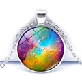 Macro detail of cosmic solar system glass pendant with colorful nebula pattern and silver chain - Multicolor Star Cluster Style (JY004147-6)