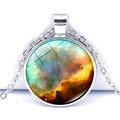 Macro shot of silver galaxy nebula pendant with glass cabochon on a fine chain - Deep Space Nebula Style (JY004147-7)