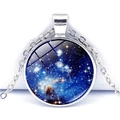 Solar system galaxy theme pendant necklace with blue nebula and silver chain on white background - Classic Starry Sky Style (JY004147-12)