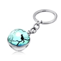 Détail macro du pendentif boule de verre chat lune bleue avec porte-clés argenté - Chat de la Pleine Lune Dégradé Bleu Vert (JY004137-1)