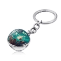 Close-up of solar system galaxy glass ball pendant with silver metal keychain ring - Green Blue Tone Galaxy Style (JY004145-4)