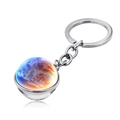 Detailed view of galaxy nebula glass sphere keychain with silver alloy ring and reflection - Blue Orange White Nebula Style (JY004112-10)