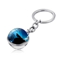 Close-up of double-sided glass ball keychain with howling wolf illustration and silver alloy - Howling Wolf Aurora Blue (JY004131-6)