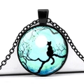 Detail of artistic glass gem pendant showing a black cat silhouette on a branch with moon - Cold Moonlit Night Cat Back (JY004165-1)