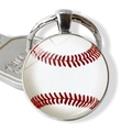 Baseball glass gem keychain with silver metal base showing classic red stitching pattern - Baseball Pattern (JY004583-1)