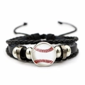 Pulsera de béisbol de cuero multicapa hecha a mano con cuerda trenzada y encanto de vidrio - Estilo de Puntada de Béisbol (JY004565-1)