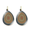 Detailed view of teardrop earrings with colorful mandala patterns and golden leverback hooks - Multicolor Radial Mandala Pattern (JY004695-3)