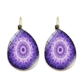Detail of vintage teardrop earrings featuring purple mandala pattern and gold hooks - Purple Mandala Kaleidoscope (JY004695-4)