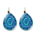 Macro detail of teardrop earrings with blue mandala pattern and gold leverback hooks - Deep Blue and Teal Kaleidoscope (JY004695-8)