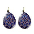 Detailed view of teardrop yoga mandala earrings with blue gemstone and gold vintage frame - Deep Blue and Gold Mandala (JY004695-9)