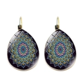 Detail of bohemian teardrop earrings featuring golden metal and colorful mandala patterns - Multicolor Pink Center Mandala (JY004695-10)