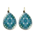 Golden mandala glass teardrop earrings with turquoise geometric floral pattern - Blue-Green Mandala Style (JY004695-11)