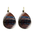 Detailed macro view of vintage library book stack patterns in teardrop dangle earrings - Stacked Vintage Books (JY004706-5)